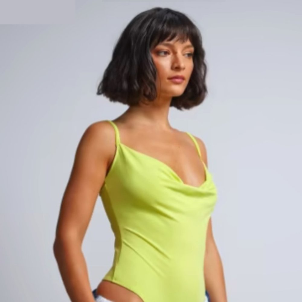 NWT Cowl Neck Slinky Spaghetti Strap Bodysuit - Lime Green - Medium & Large